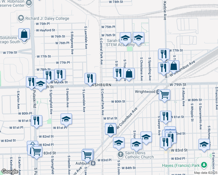 map of restaurants, bars, coffee shops, grocery stores, and more near 3529 West 79th Street in Chicago