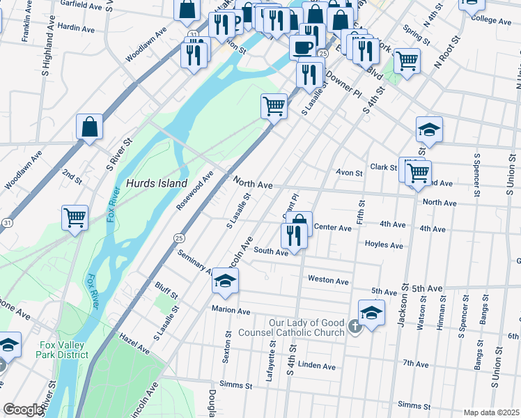 map of restaurants, bars, coffee shops, grocery stores, and more near 335 South Lincoln Avenue in Aurora