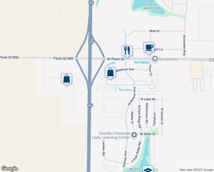 map of restaurants, bars, coffee shops, grocery stores, and more near 480 Madison Avenue in North Liberty