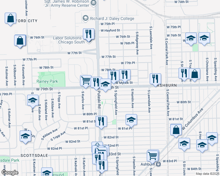 map of restaurants, bars, coffee shops, grocery stores, and more near 3939 West 79th Street in Chicago