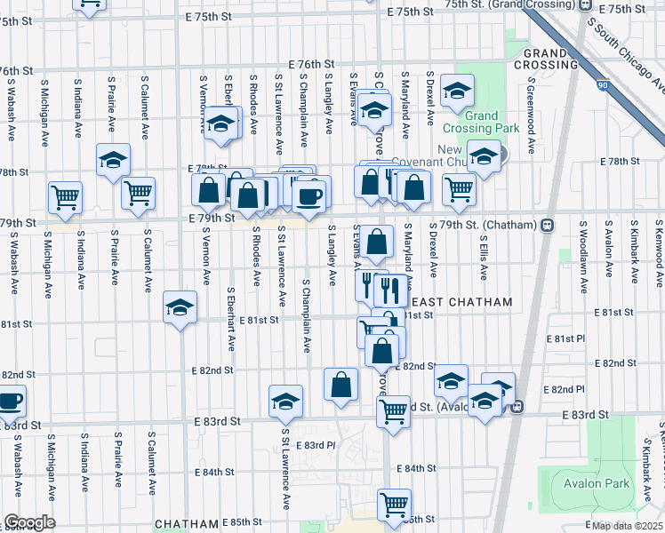 map of restaurants, bars, coffee shops, grocery stores, and more near S Langley Ave & E 80th St in Chicago