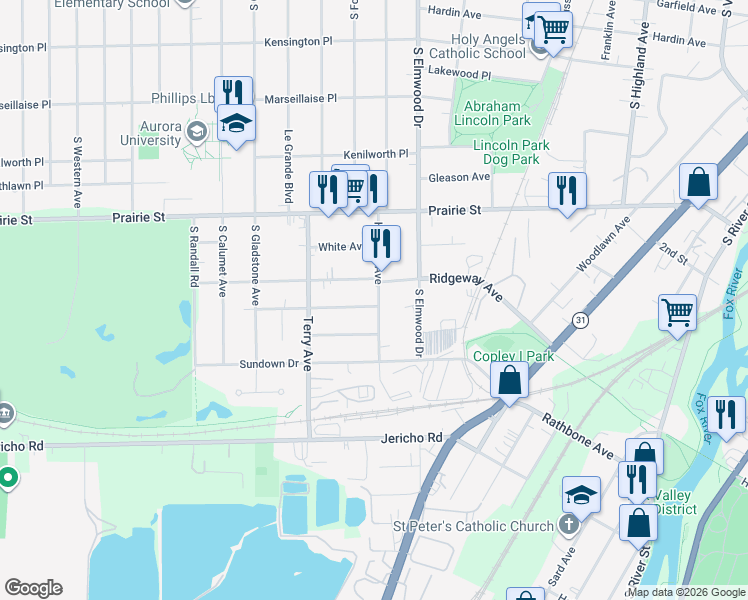 map of restaurants, bars, coffee shops, grocery stores, and more near 1101 McDonald Avenue in Aurora