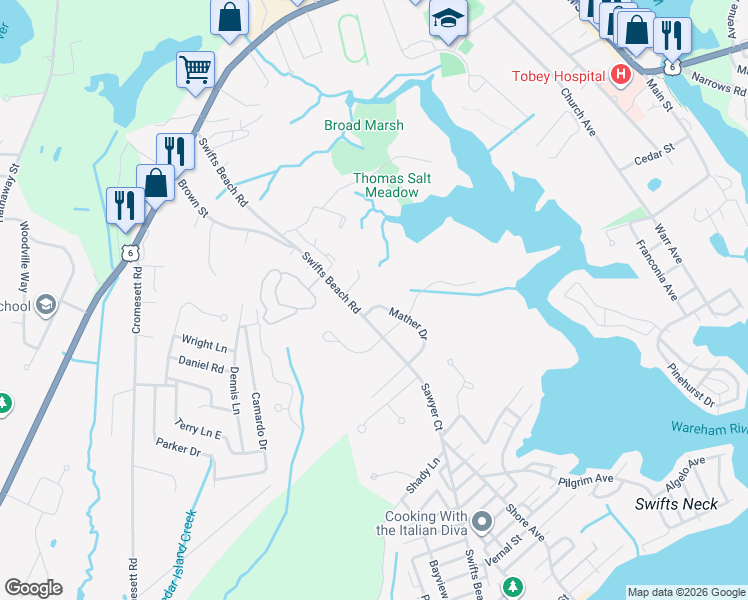 map of restaurants, bars, coffee shops, grocery stores, and more near 4 Mather Drive in Wareham