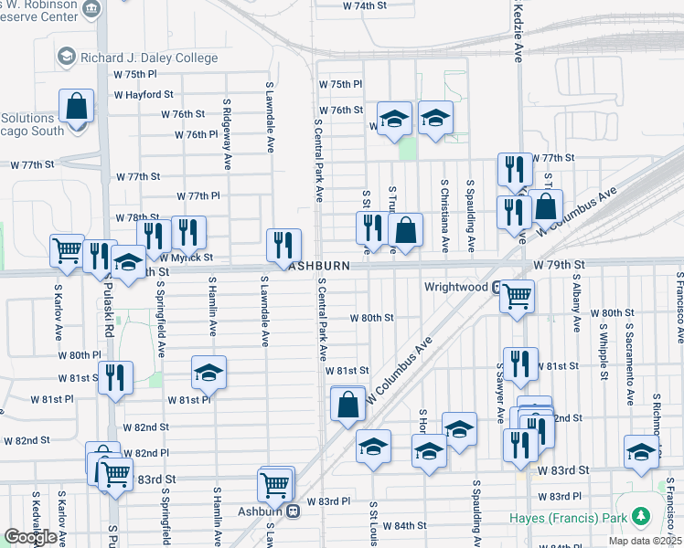 map of restaurants, bars, coffee shops, grocery stores, and more near 3529 West 79th Street in Chicago