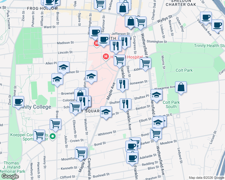 map of restaurants, bars, coffee shops, grocery stores, and more near 304 Maple Avenue in Hartford