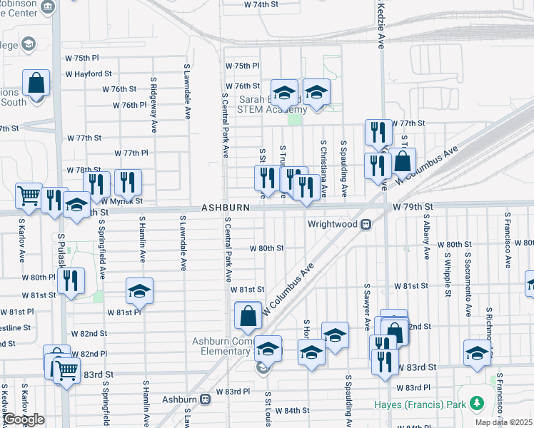 map of restaurants, bars, coffee shops, grocery stores, and more near 3459 West 79th Street in Chicago