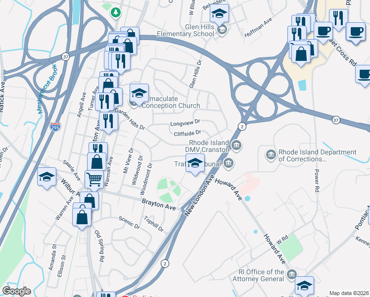 map of restaurants, bars, coffee shops, grocery stores, and more near 102 Garden Hills Drive in Cranston