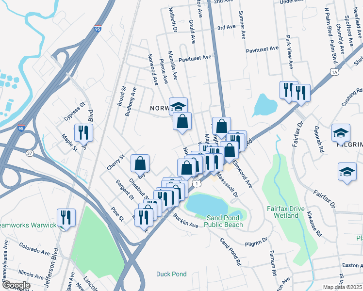 map of restaurants, bars, coffee shops, grocery stores, and more near 283 Norwood Avenue in Warwick