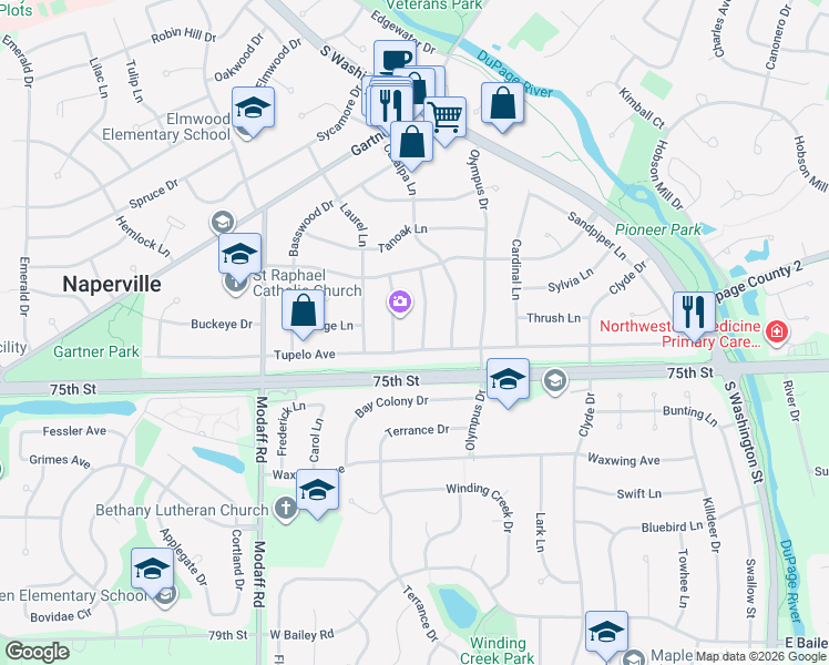 map of restaurants, bars, coffee shops, grocery stores, and more near 1237 Hercules Lane in Naperville