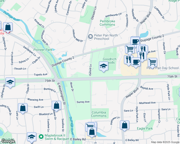 map of restaurants, bars, coffee shops, grocery stores, and more near 33 Oxford Lane in Naperville