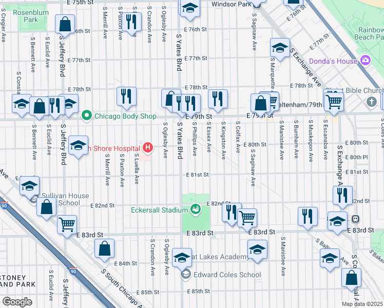 map of restaurants, bars, coffee shops, grocery stores, and more near 8014 South Phillips Avenue in Chicago