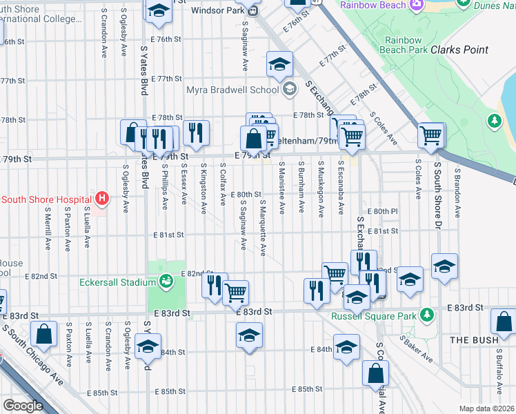 map of restaurants, bars, coffee shops, grocery stores, and more near 8018 South Marquette Avenue in Chicago
