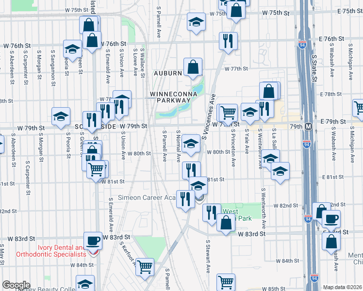 map of restaurants, bars, coffee shops, grocery stores, and more near 437 West 79th Place in Chicago
