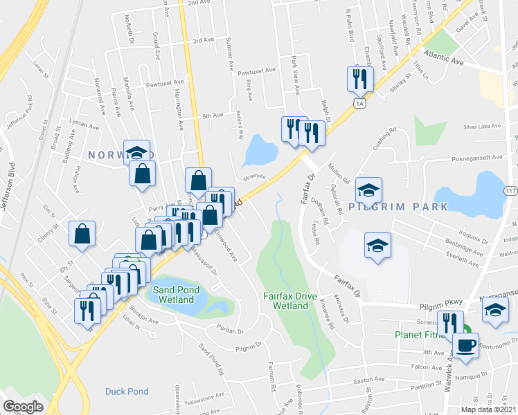 map of restaurants, bars, coffee shops, grocery stores, and more near 26 Sandlewood Avenue in Warwick