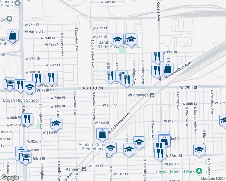 map of restaurants, bars, coffee shops, grocery stores, and more near 3447 West 79th Street in Chicago