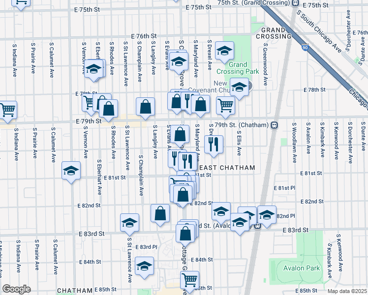 map of restaurants, bars, coffee shops, grocery stores, and more near S Cottage Grove Ave & E 80th St in Chicago