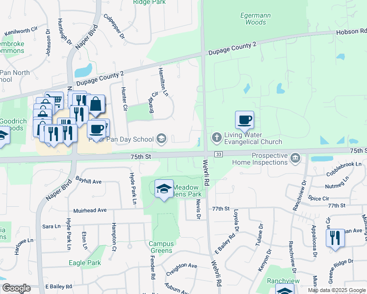 map of restaurants, bars, coffee shops, grocery stores, and more near 1248 Stonebriar Court in Naperville