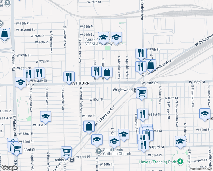 map of restaurants, bars, coffee shops, grocery stores, and more near 3417 W 79th St in Chicago