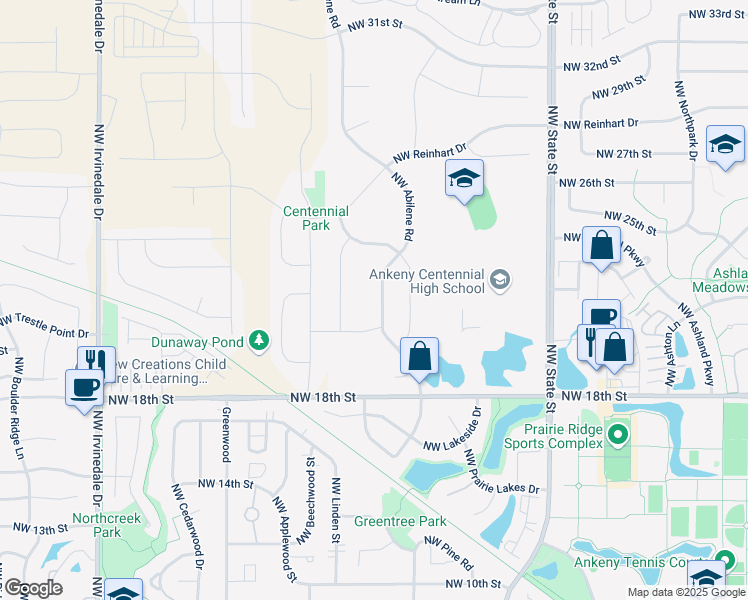 map of restaurants, bars, coffee shops, grocery stores, and more near 2114 Northwest Abilene Road in Ankeny