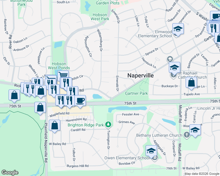 map of restaurants, bars, coffee shops, grocery stores, and more near 1201 Vermont Court in Naperville