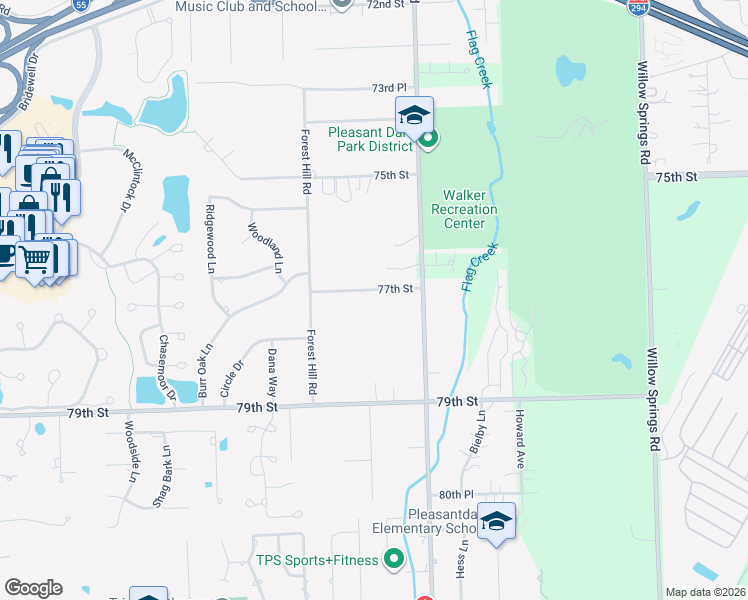 map of restaurants, bars, coffee shops, grocery stores, and more near 11315 77th Street in Burr Ridge