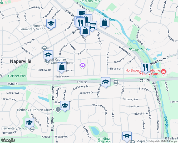 map of restaurants, bars, coffee shops, grocery stores, and more near 1237 Hercules Lane in Naperville