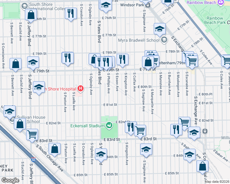 map of restaurants, bars, coffee shops, grocery stores, and more near 8016 South Essex Avenue in Chicago