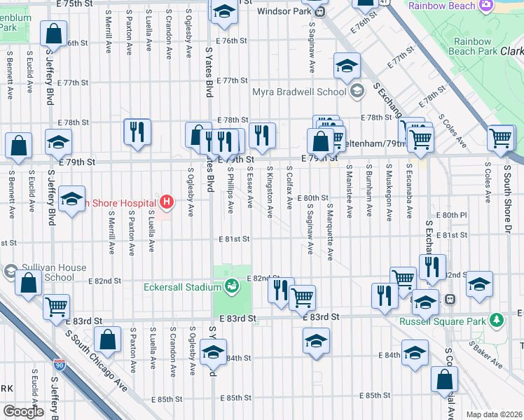 map of restaurants, bars, coffee shops, grocery stores, and more near 8011 South Kingston Avenue in Chicago