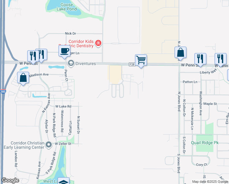 map of restaurants, bars, coffee shops, grocery stores, and more near 477 Cambria Drive in North Liberty