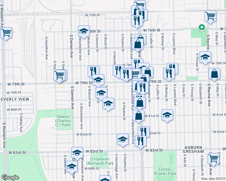 map of restaurants, bars, coffee shops, grocery stores, and more near 7928 South Hermitage Avenue in Chicago
