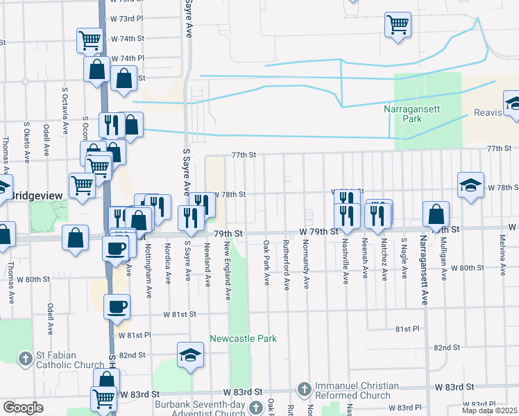 map of restaurants, bars, coffee shops, grocery stores, and more near 7804 Oak Park Avenue in Burbank