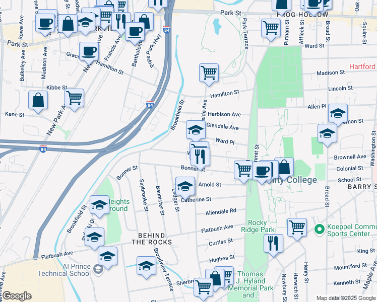 map of restaurants, bars, coffee shops, grocery stores, and more near 108 Wilson Street in Hartford