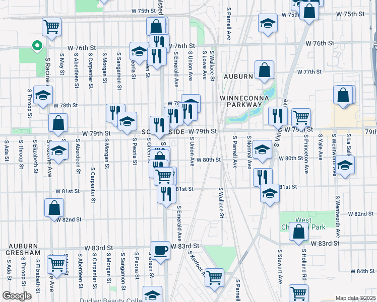 map of restaurants, bars, coffee shops, grocery stores, and more near 7940 South Union Avenue in Chicago