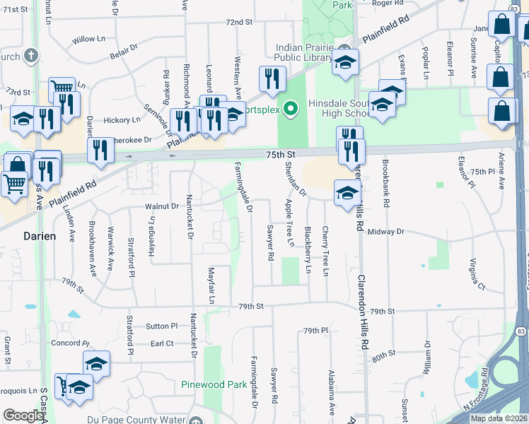 map of restaurants, bars, coffee shops, grocery stores, and more near 1622 Sawyer Road in Darien