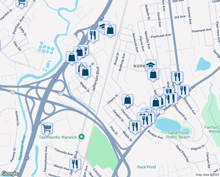 map of restaurants, bars, coffee shops, grocery stores, and more near 263 Elm Street in Warwick