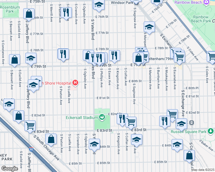 map of restaurants, bars, coffee shops, grocery stores, and more near 8016 South Essex Avenue in Chicago