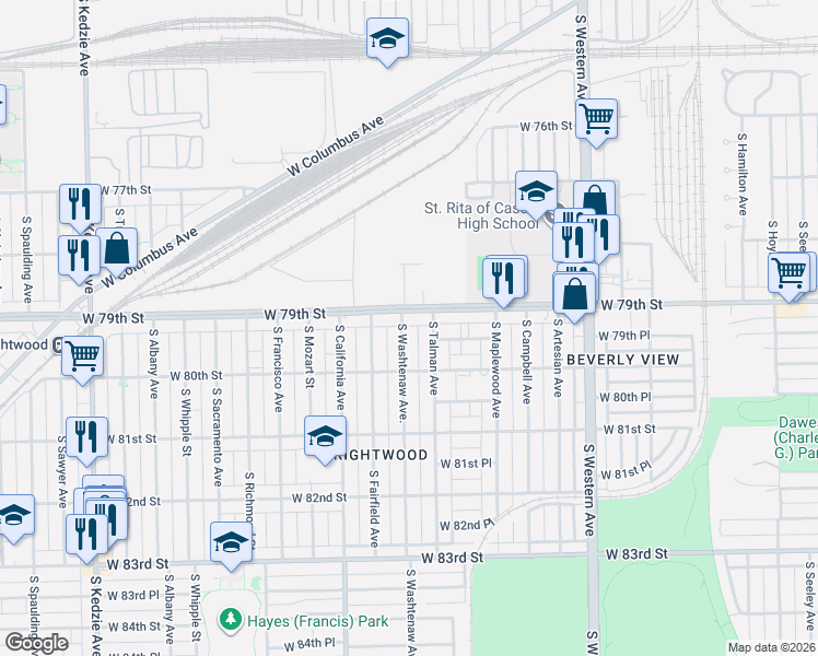 map of restaurants, bars, coffee shops, grocery stores, and more near 7913 South Washtenaw Avenue in Chicago
