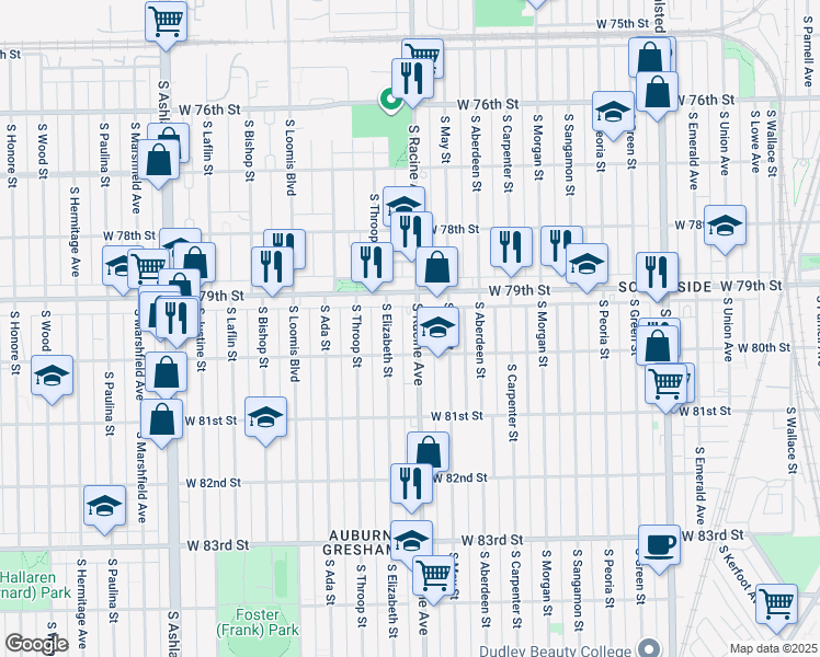 map of restaurants, bars, coffee shops, grocery stores, and more near 7932 South Racine Avenue in Chicago