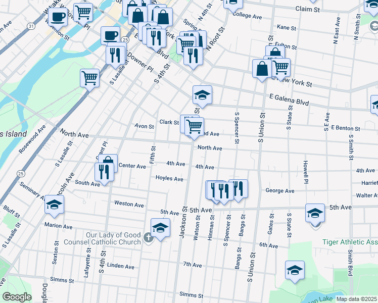 map of restaurants, bars, coffee shops, grocery stores, and more near 311 Jackson Street in Aurora