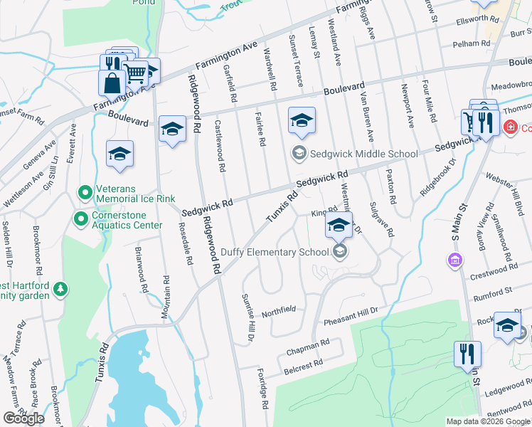 map of restaurants, bars, coffee shops, grocery stores, and more near 32 Tunxis Road in West Hartford