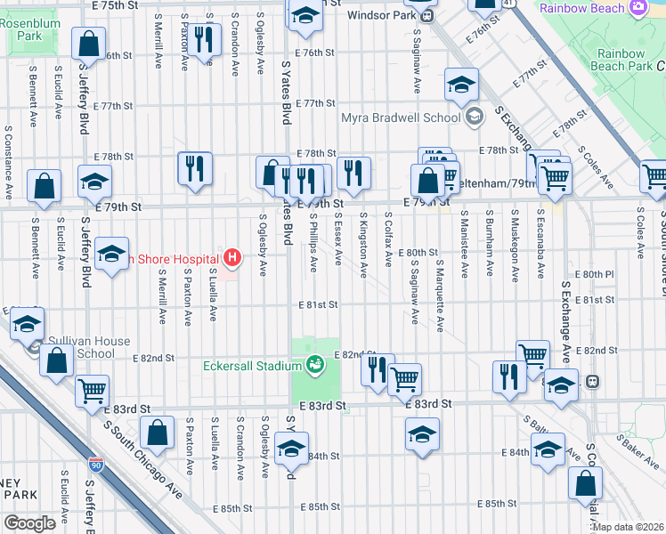 map of restaurants, bars, coffee shops, grocery stores, and more near 8014 South Essex Avenue in Chicago