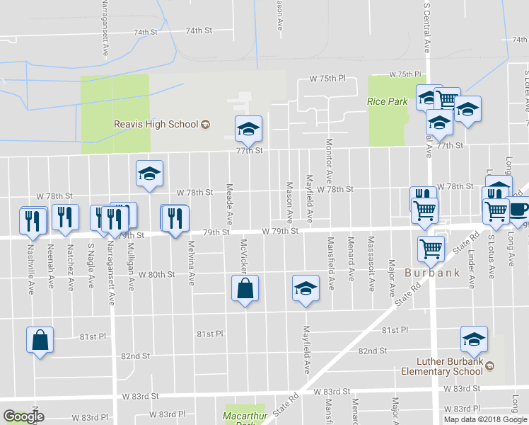 map of restaurants, bars, coffee shops, grocery stores, and more near 7830 Austin Avenue in Burbank