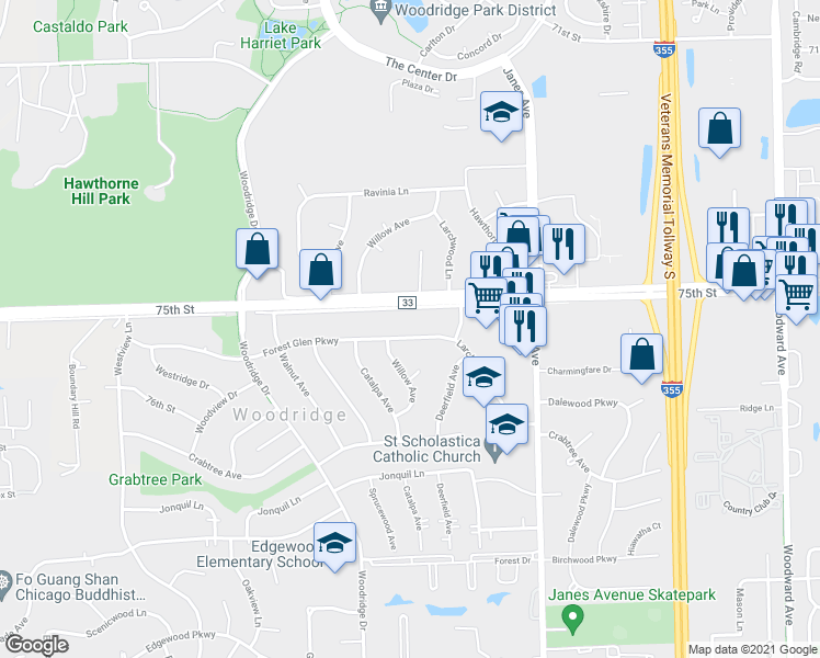map of restaurants, bars, coffee shops, grocery stores, and more near 2556 Forest Glen Parkway in Woodridge