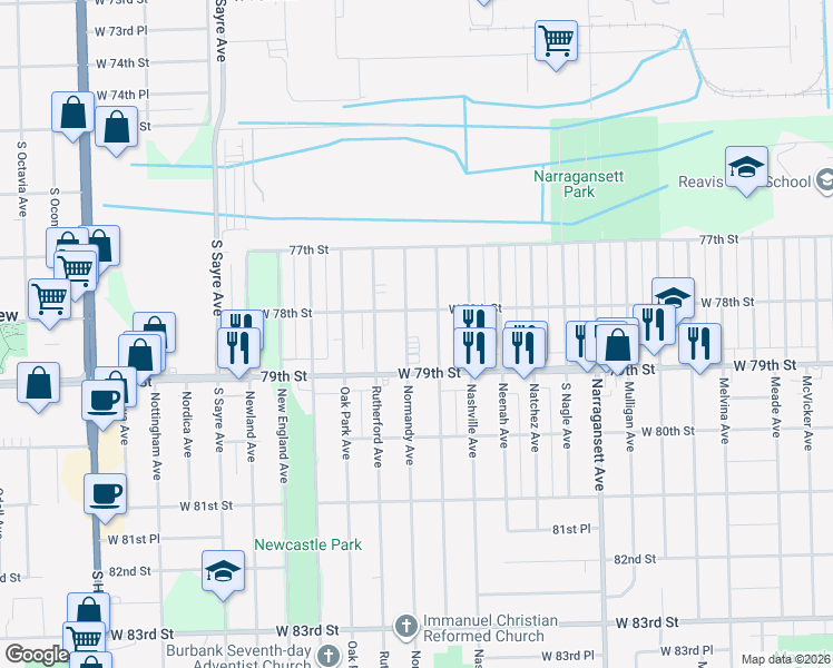 map of restaurants, bars, coffee shops, grocery stores, and more near 7825 Normandy Avenue in Burbank