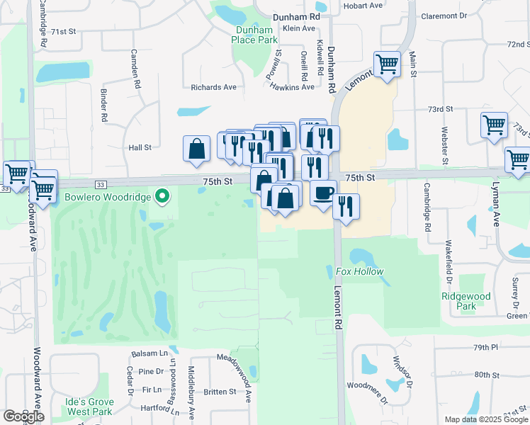 map of restaurants, bars, coffee shops, grocery stores, and more near in Woodridge