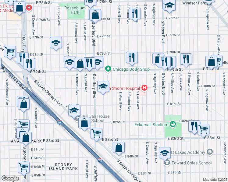 map of restaurants, bars, coffee shops, grocery stores, and more near 8009 South Clyde Avenue in Chicago