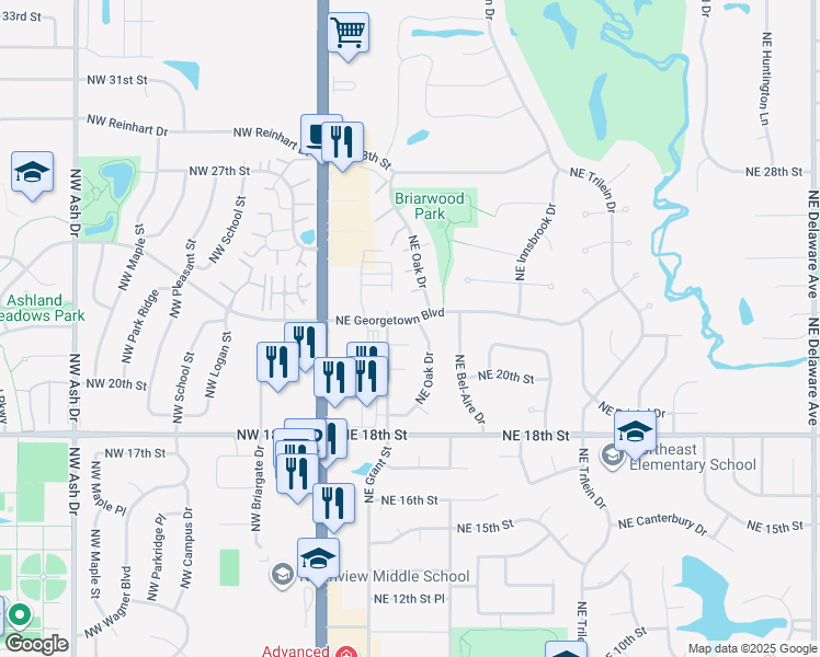 map of restaurants, bars, coffee shops, grocery stores, and more near 2308 NE Oak Dr in Ankeny