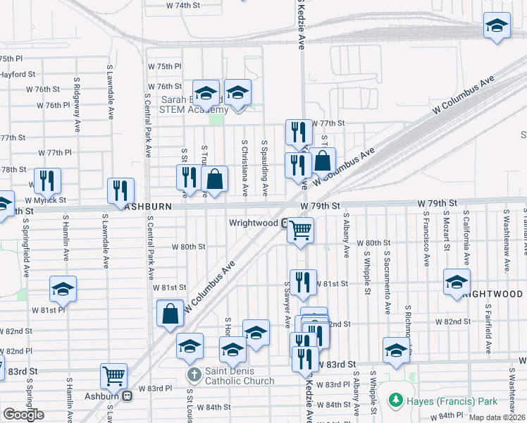 map of restaurants, bars, coffee shops, grocery stores, and more near 3303 West 79th Street in Chicago