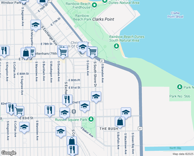 map of restaurants, bars, coffee shops, grocery stores, and more near 8021 South South Shore Drive in Chicago