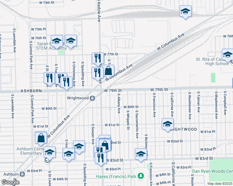 map of restaurants, bars, coffee shops, grocery stores, and more near 7906 South Albany Avenue in Chicago